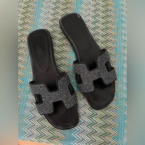 HERMES Preowned Black Crystal Oran flat sandals 38.5
